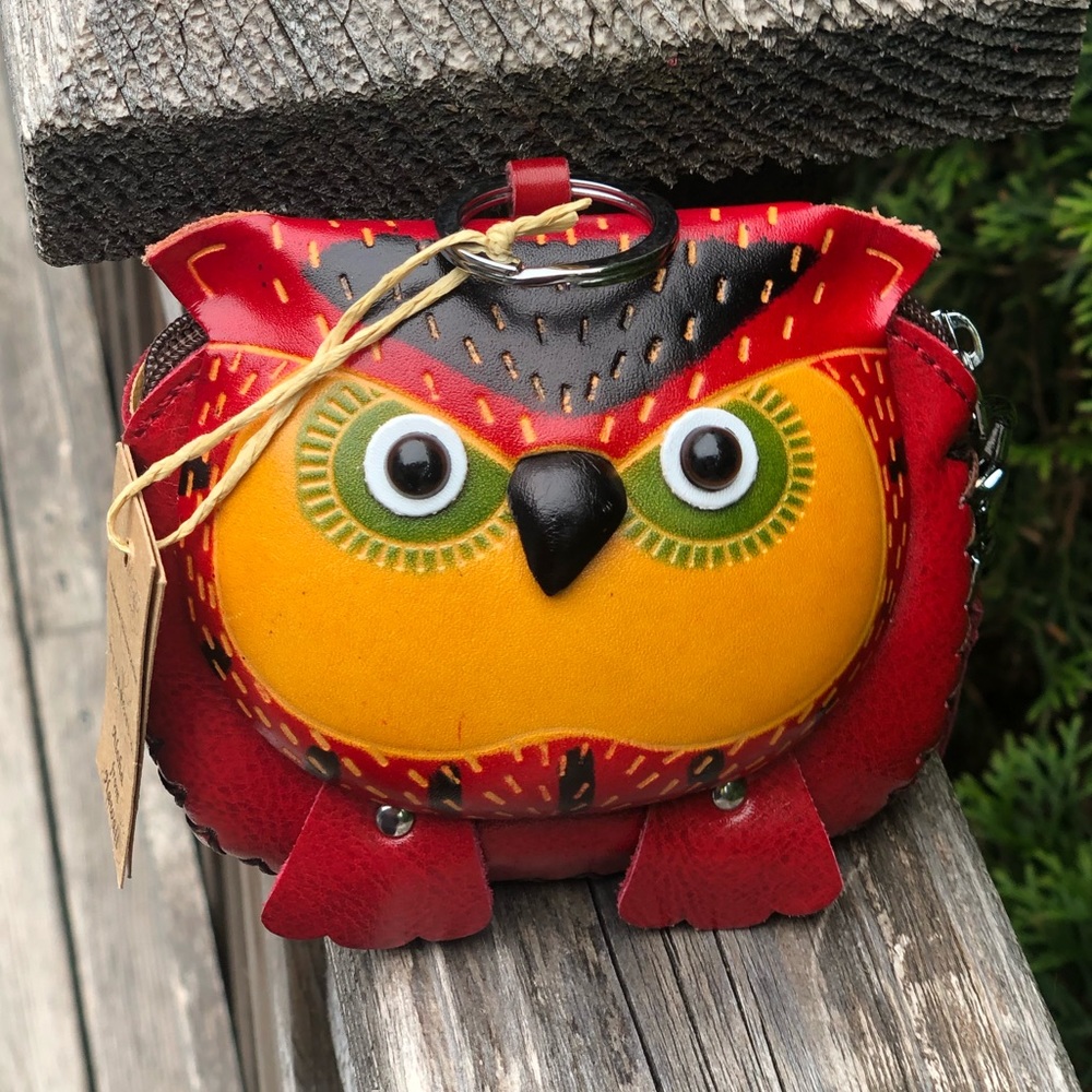 NWT Hand Made Leather Owl Coin Purse Wristlet